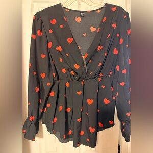 Women’s Plus SHEIN Sz 3X Long Sleeve Peplum Blouse Black Red Heart Valentine